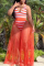 Orange Sexy Casual Vacation Striped See-through Mesh V Neck Sleeveless Two Pieces