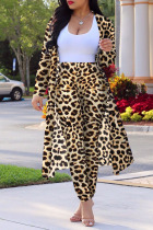 Leopard Print Casual Print Patchwork Cardigan Collar Long Sleeve Two Pieces