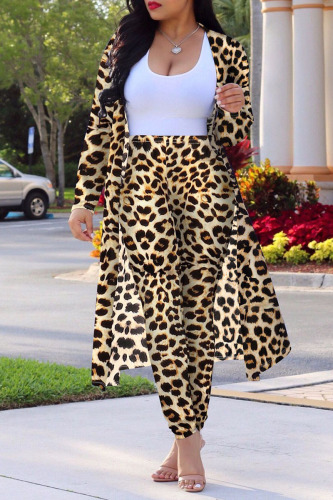 Leopard Print Casual Print Patchwork Cardigan Collar Long Sleeve Two Pieces