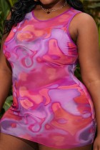 Rose Red Sexy Casual Print See-through O Neck Plus Size Swimsuit Three Piece Set (With Paddings)