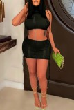 Black Sexy Casual Solid Hollowed Out Hooded Collar Sleeveless Two Pieces