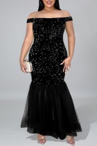 Black Sexy Formal Patchwork Sequins Backless Off the Shoulder Evening Dress Plus Size Dresses