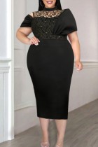 Black Sexy Formal Solid Hollowed Out Patchwork Half A Turtleneck Evening Dress Plus Size Dresses