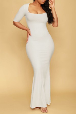 White Casual Solid Square Collar Long Dress Dresses