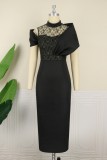 Black Sexy Formal Solid Hollowed Out Patchwork Half A Turtleneck Evening Dress Plus Size Dresses