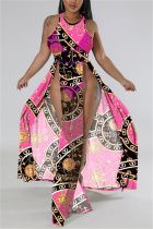 Rose Red Sexy Print Slit O Neck High Waist Tops