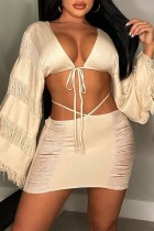 Apricot Sexy Casual Solid Bandage See-through V Neck Long Sleeve Two Pieces