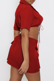 Red Casual Solid Bandage Patchwork Turndown Collar Short Sleeve Two Pieces