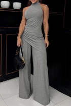 Grey Casual Solid Bandage Backless Asymmetrical Halter Sleeveless Two Pieces