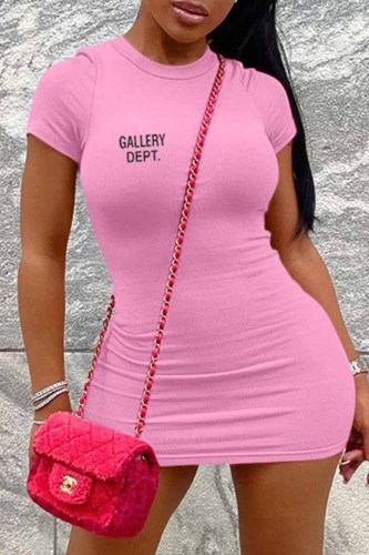 Pink Casual Street Print Letter O Neck One Step Skirt Dresses