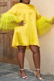 Yellow Casual Solid Patchwork O Neck Plus Size Dresses