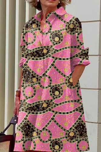 Pink Casual Print Patchwork Buckle Turndown Collar Dresses