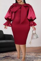 Red Casual Solid Patchwork O Neck Long Sleeve Plus Size Dresses