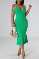 Green Casual Solid Patchwork Spaghetti Strap Sling Dress Dresses