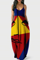 Red Blue Casual Print Patchwork Spaghetti Strap Sling Dress Dresses