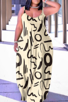 Khaki Casual Print Patchwork Spaghetti Strap Sling Dress Dresses