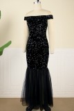 Black Sexy Formal Patchwork Sequins Backless Off the Shoulder Evening Dress Plus Size Dresses