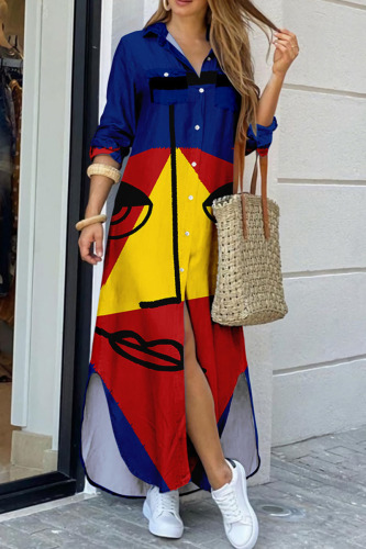 Red Blue Casual Street Print Patchwork Buckle Turndown Collar Shirt Dress Dresses
