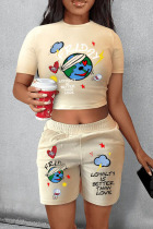 Khaki Casual Street Print Patchwork O Neck Short Sleeve Two Pieces