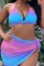 Blue Pink Sexy Gradual Change Print Bandage Backless Halter Plus Size Swimsuit Three Piece Set (With Paddings)