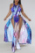Blue Sexy Print Slit O Neck High Waist Tops