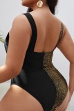 Black Sexy Patchwork Backless Contrast V Neck Plus Size Swimwear (With Paddings)