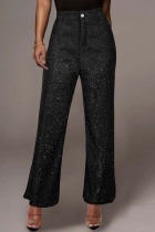 Black Casual Patchwork Regular High Waist Conventional Solid Color Trousers