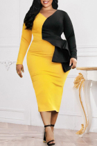 Yellow Casual Patchwork Contrast V Neck Long Sleeve Plus Size Dresses