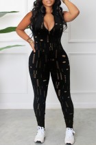 Black Sexy Casual Solid Ripped Hollowed Out Zipper Collar Skinny Jumpsuits