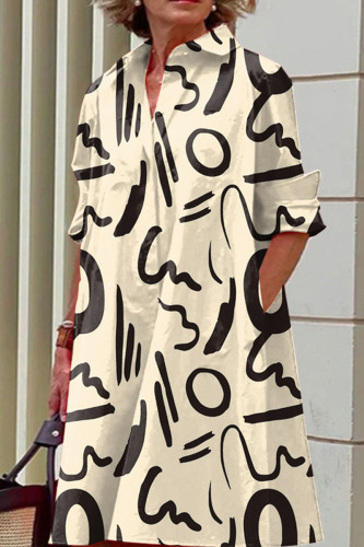 Cream White Casual Print Patchwork Buckle Turndown Collar Dresses