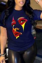 Navy Blue Street Print Patchwork O Neck T-Shirts
