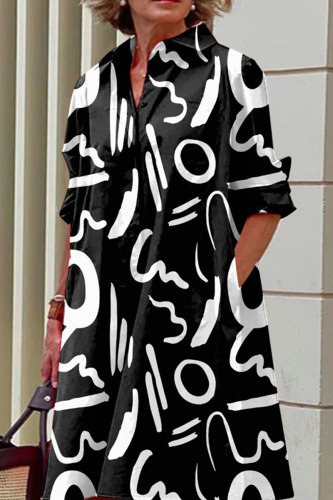 Black White Casual Print Patchwork Buckle Turndown Collar Dresses