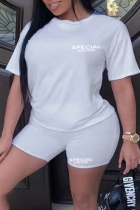 White Casual Print Letter O Neck Plus Size Two Pieces