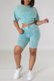 Sky Blue Casual Tie Dye Basic O Neck Short Sleeve Two Pieces