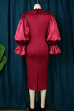 Red Casual Solid Patchwork O Neck Long Sleeve Plus Size Dresses
