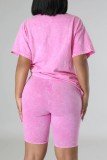 Pink Casual Tie Dye Basic O Neck Short Sleeve Two Pieces