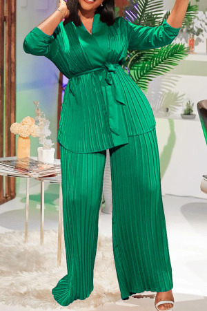 Green Casual Solid Bandage Patchwork Fold V Neck Long Sleeve Two Pieces