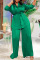 Green Casual Solid Bandage Patchwork Fold V Neck Long Sleeve Two Pieces