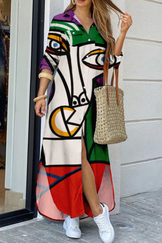 Purple Green Casual Street Print Patchwork Buckle Turndown Collar Shirt Dress Dresses
