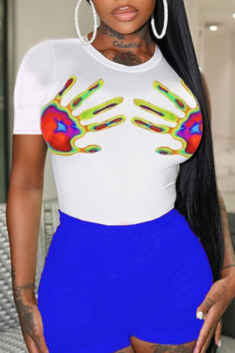 White Blue Casual Street Print Patchwork O Neck Short Sleeve Two Pieces