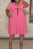Pink Casual Print Patchwork V Neck Short Sleeve Dress Plus Size Dresses