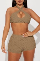 Khaki Sexy Solid Hollowed Out Backless Halter Sleeveless Two Pieces