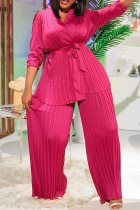 Rose Red Casual Solid Bandage Patchwork Fold V Neck Long Sleeve Two Pieces