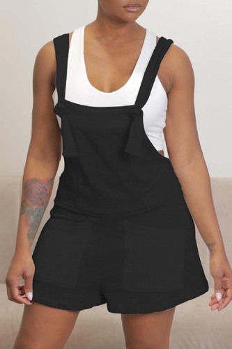 Black Casual Solid Patchwork Backless Spaghetti Strap Regular Romper (Without Vest)