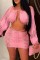 Pink Sexy Casual Solid Bandage See-through V Neck Long Sleeve Two Pieces