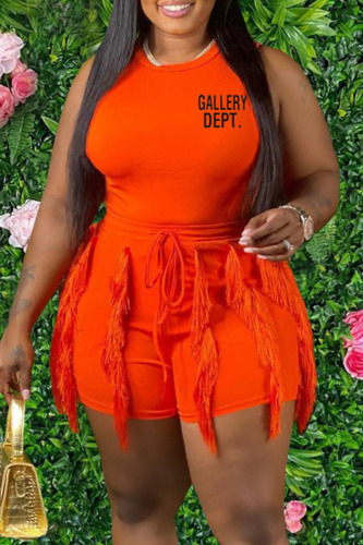Orange Street Print Tassel Patchwork O Neck Sleeveless Two Pieces