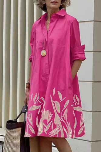 Rose Red Casual Print Patchwork Buckle Turndown Collar Shirt Dress Dresses