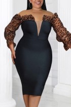 Black Sexy Casual Print Leopard Patchwork Off the Shoulder One Step Skirt Plus Size Dresses