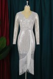 Silver Casual Formal Patchwork Tassel Sequins V Neck Long Sleeve Plus Size Dresses