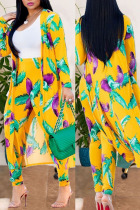 Green Yellow Casual Print Patchwork Cardigan Collar Long Sleeve Two Pieces